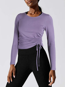 Tight-cut Long Sleeve Tee Top With Drawstring On The Side